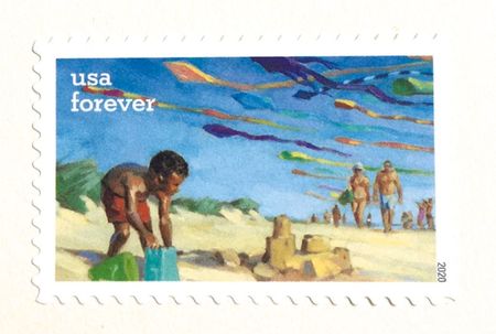 100 Ocean Beach Postage Stamps Seaside Sandcastle Forever Stamps Blue Nautical Coast Postage Stamps for Wedding Invitations and Cards